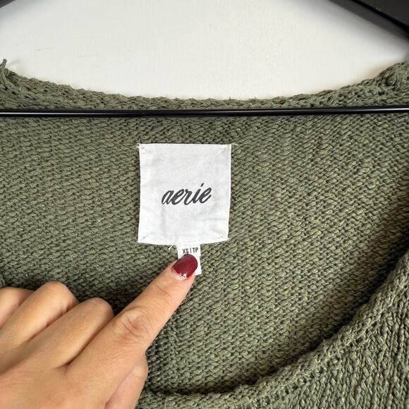 Aerie Loose Knit Rolled Hem Sweater Scoop Neck Green - XS - Picture 3 of 8